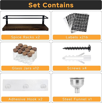 2-Tier Wall Mount Spice Rack Organizer with 12 Glass Jars, 216 Labels & Funnel - Screw/Adhesive Mount, Black Metal & Wood Spice Storage for Kitchen Pantry Cabinet, 11.6”L x 2.4”W x 3.2”H - Image 2