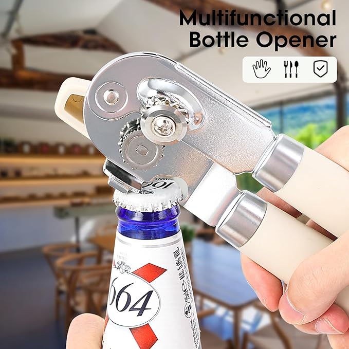 Beneno Heavy Duty Hand Can Opener Manual with Magnet, Durable Sharp Carbon Steel Blade Smooth Cutting, Big Effort-Saving Knob & Soft Grip Handle, Multifunctional Kitchen Tool with Bottle Opener, Beige - Image 6
