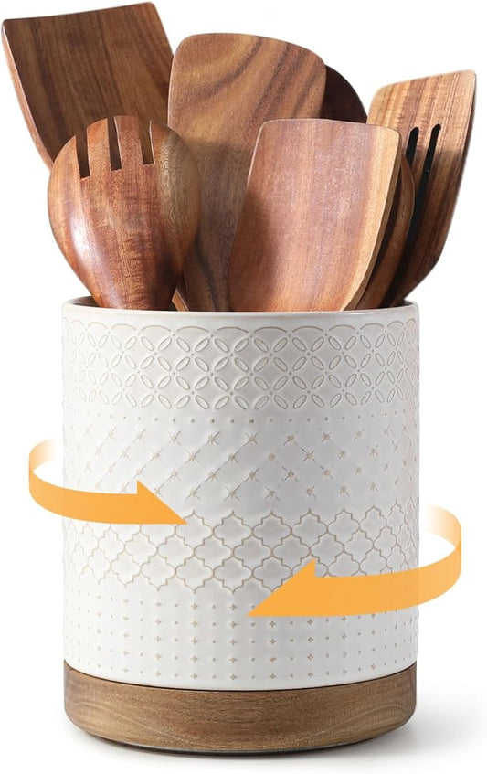 DOWAN 360° Rotating Extra Large Cooking Utensil Holder, 7.6" Kitchen Utensil Holder for Countertop, Utensil Crock for Farmhouse Kitchen Decor, Ceramic Stable Utensil Caddy, White Embossed by DOWAN
