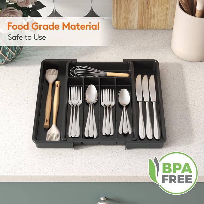 Lifewit Expandable Silverware Organizer, Plastic Utensil Tray for Kitchen Drawer, BPA Free Flatware Cutlery Holder, Space-Saving Storage for Spoons Forks Knives, 8.5-14 x 12 x 1.5 inch, Black - Image 6