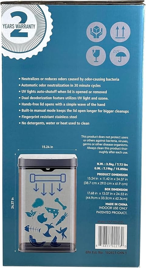 Ninestars 13 Gallon Odor Neutralizing Smart Trash Can, UV + Ozone Dual Purification, Odor Control Motion Sensor Garbage Bin, Universal Power Adapter, ONT-50-81SL Stainless Steel, Silver, Nova Series - Image 9
