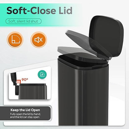 WLIVE 13 Gallon Stainless Steel Trash Can with Inner Bucket, Kitchen Garbage Can with Lid, 50L Soft Close Step Trash Can with Metal Foot for Home, Kitchen, Laundry Room, Office, Black