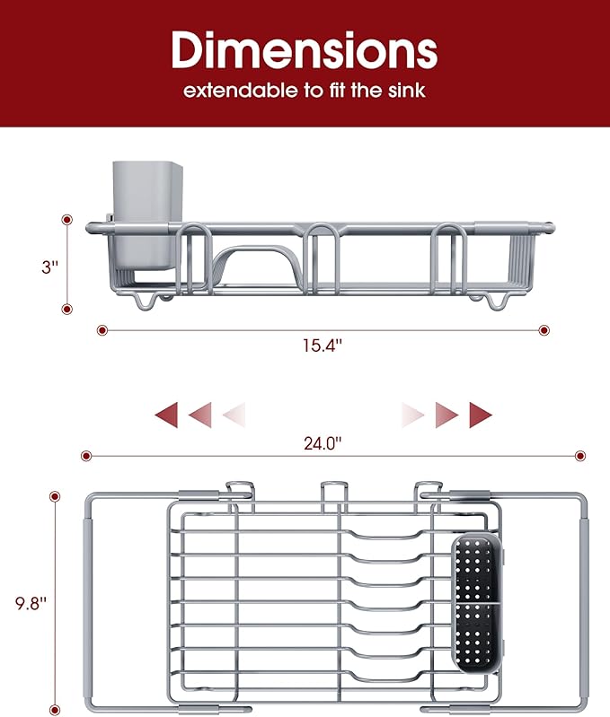 Sakugi Dish Drying Rack in Sink - Expandable Stainless Steel Dish Rack Over the Sink, Kitchen Sink Drain Strainer with Cutlery Holder & Cup Holders, 15.4 x 9.8 x 3.0 Inch, Silver - Image 3