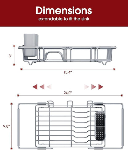 Sakugi Dish Drying Rack in Sink - Expandable Stainless Steel Dish Rack Over the Sink, Kitchen Sink Drain Strainer with Cutlery Holder & Cup Holders, 15.4 x 9.8 x 3.0 Inch, Silver - Image 3