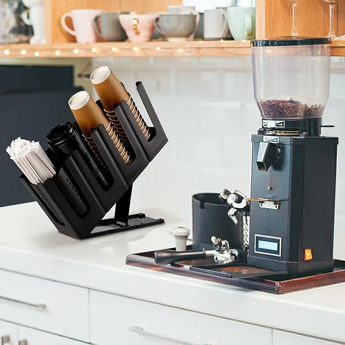 Paper Cup and Lid Holder with Straw Organizer, Disposable Coffee Cup Dispenser for Countertop Coffee Station Bar Restaurant Breakroom, Black - Image 3