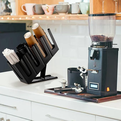 Paper Cup and Lid Holder with Straw Organizer, Disposable Coffee Cup Dispenser for Countertop Coffee Station Bar Restaurant Breakroom, Black - Image 3