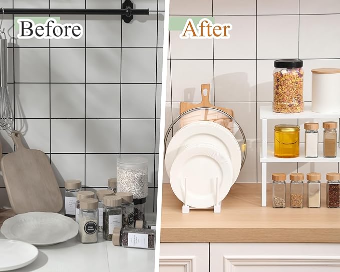 Marsui 4 Pcs Kitchen Organizer Accessories Set Cabinet Organizer Shelf and Bamboo Dish Drying Plate Rack Counter Shelves Storage Holder for Spice Rack, Dish, Pot Lid, Bowl, Cup (White) - Image 4