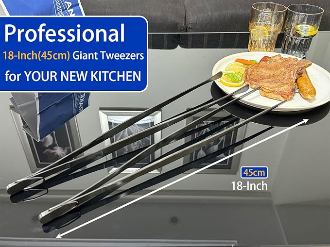 JETKONG 2 Pcs 18 Inch (45cm) Stainless Steel Grill Tongs Heavy Duty Giant Tweezer Tongs, Extra Large Tweezers Tools for Cooking, Grilling, BBQ and Turning Food (Black) - Image 4