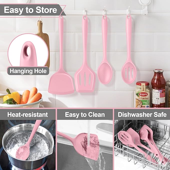 P&P CHEF Kitchen Utensil Set, 4 Pieces Non-stick Silicone Cooking Utensils, Heat-resistant Slotted Solid Spoon Turner for Frying, Mixing, Serving, Non-toxic & Easy to Clean, Pink - Image 7