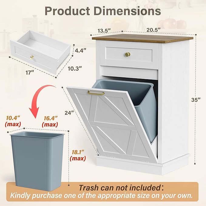 YESHOMY Tilt Out Trash Cabinet,10 Gallon Hidden Wooden Bin Cabinets, Laundry Hamper with Drawers, for Kitchen, Dining Room, White
