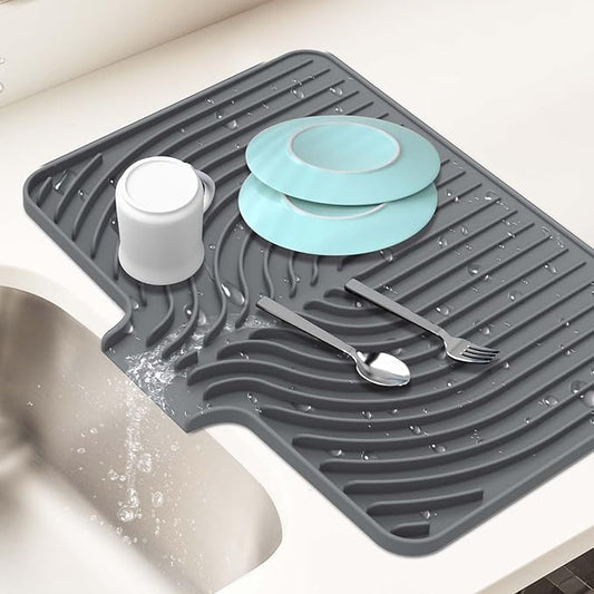 Dish Drying Mat for Kitchen Counter, with Built-in Drain Lip, 18x11.8 inch, Food-Grade Silicone, Easy Clean Pad for Countertop Protection, Heat Resistant, Easy Clean, Multi-Functional Use (Grey) by JACZZO