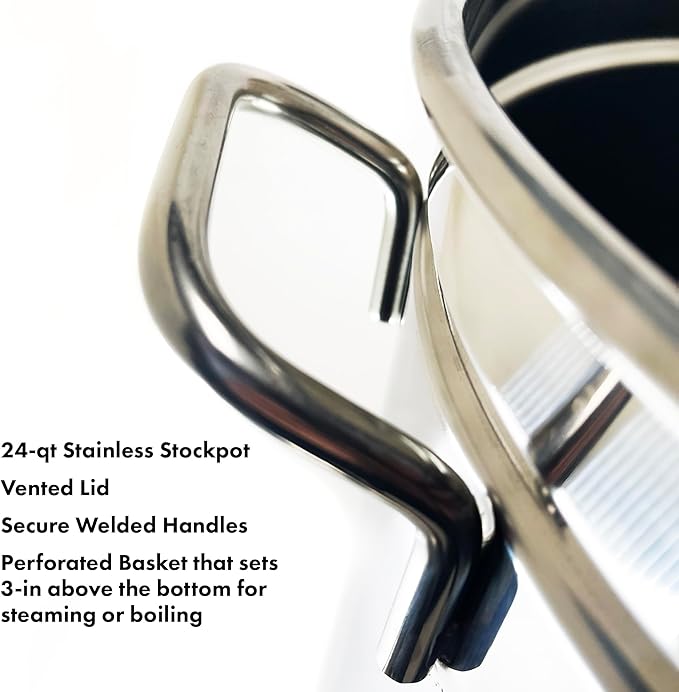 Bayou Classic 1124 24-qt Stainless Stockpot w/Lid And Basket Includes Vented Lid Perforated Stainless Steel Basket Perfect For Steaming Boiling and Frying - Image 2