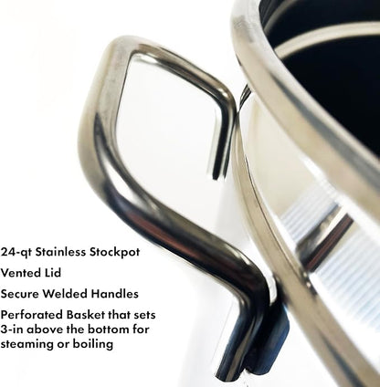 Bayou Classic 1124 24-qt Stainless Stockpot w/Lid And Basket Includes Vented Lid Perforated Stainless Steel Basket Perfect For Steaming Boiling and Frying - Image 2
