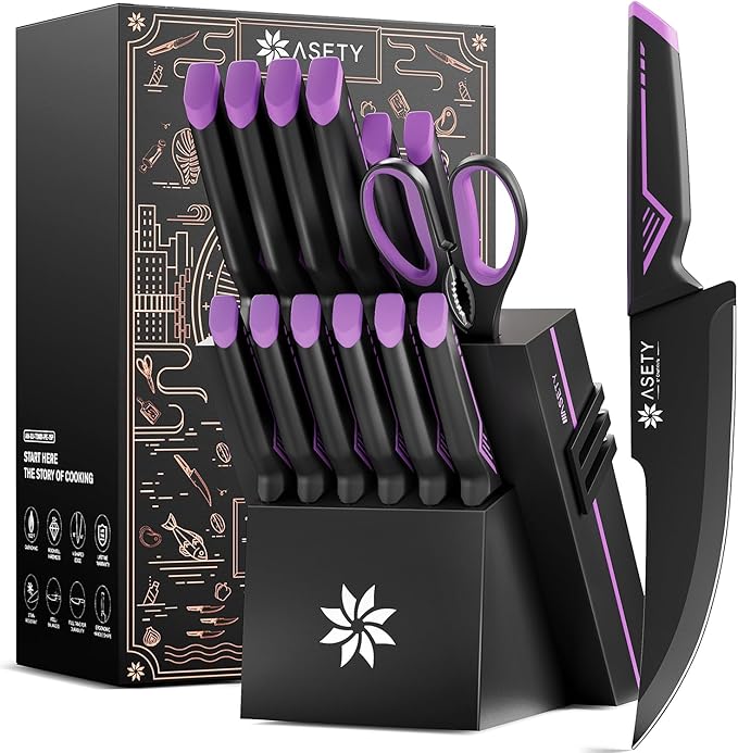 Knife Set - 15 PCS Kitchen Knife Set with Built-in Knife Sharpener Block - Stainless Steel Knife Block Set - Dishwasher Safe, Elegant Box for Men Women, Mothers Day by ASETY