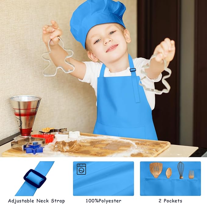 Kids Apron and Chef Hat Set, 30 Pieces Boys Girls Kids Apron with 2 Pockets Adjustable for Cooking Classroom Baking Painting, 6-13 Years, Multicolor