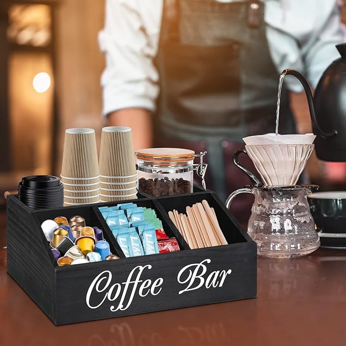 ugiftt Coffee Station Organizer for Counter, Wood Coffee Pods Holder Storage Basket, Tea Condiment Storage Organizer, Rustic Coffee Bar Decor for Coffee Accessories Organizer - Image 3