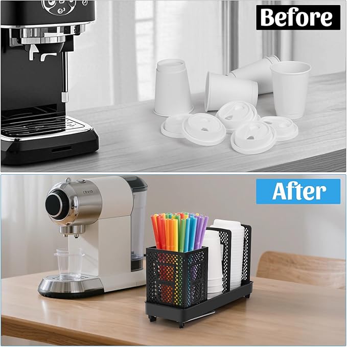Coffee Cup Dispenser with Straws Holder, Plastic Coffee Cup and Lid Holder, 5-20oz Disposable Paper Cups Organizer for Countertop, Station, Bar, Office, Restaurant, Breakroom(3 Compartments)