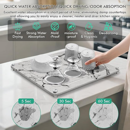 Stone Drying Mat For Kitchen Counter Superb Absorbent Diatomaceous Earth Mats with Non-Slip Feet Quick Dry Stone Dish Drying Pad Dish Pad Multi-Purpose(Marble-LightGray, 15.7" x 11.8")