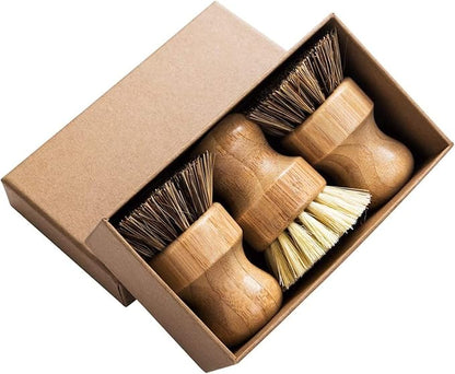Palm Pot Brush- Bamboo Round 3 Packs Mini Dish Brush Natural Scrub Brush Durable Scrubber Cleaning Kit with Union Fiber and Tampico Fiber for Cleaning Pots, Pans and Vegetables by GREENTHPRO