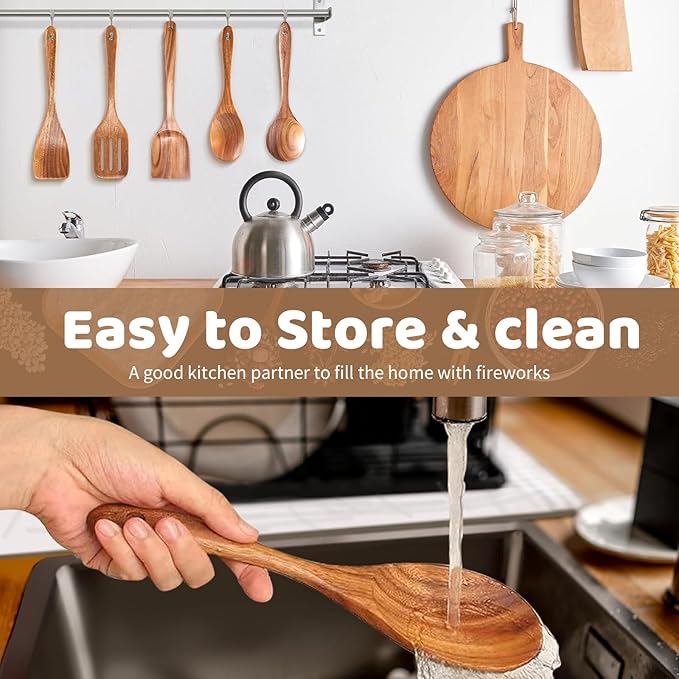 5 PCs Teak Wooden Utensil Set with Hooks, Wooden Spoons for Cooking, Wood Cooking Utensils Set, Comfort Grip, Non Stick Cookware, Easy to Clean, Kitchen Stuff, Wood Spatula - Image 6