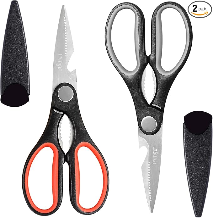 LIVINGO 8" Kitchen Scissors All Purpose - 2 Pack Heavy Duty Kitchen Meat Shears, Stainless Steel Multi-function Food Scissors for Cooking Cutting Chicken, Turkey, Bones, Poultry, Fish, and Vegetables by LIVINGO