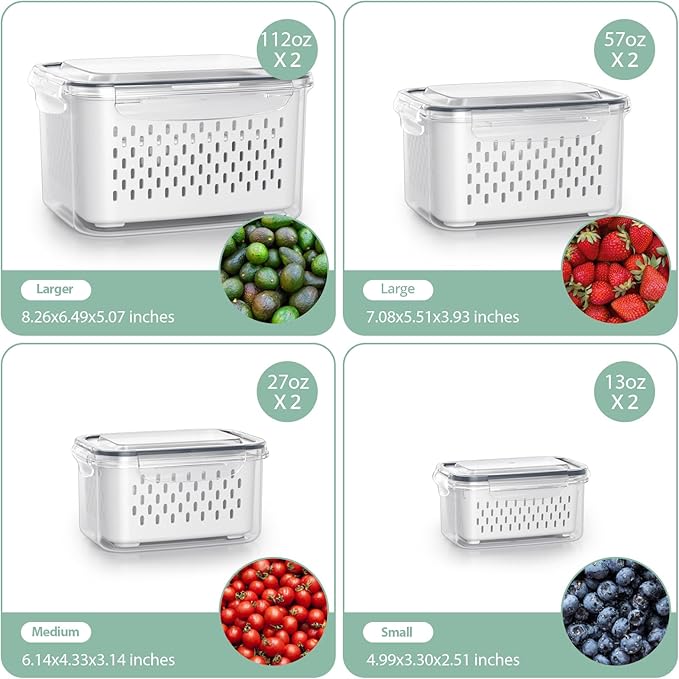 Fruit Storage Containers for Fridge with Removable Colander, 8 Pack Fruit Containers for Fridge with 2 Function Divider Plate, Airtight Storage Container to Keep Berry Fruit Fresh, Dishwasher Safe - Image 3