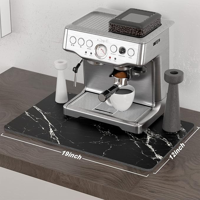 Rnivvi Coffee Mat, 12" x 19" Cute Marble Style Coffee Bar Mats for Espresso Machine Station Accessories and Organizer, Hide Stain Rubber Backed Absorbent Dish Drying Pad for Kitchen Counter, Black - Image 2