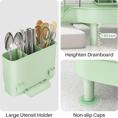 SAYZH Dish Drying Rack - Expandable Dish Rack for Kitchen Counter, Rust-Resistant Dish Drainer with Utensil Holder and Raised Guardrail, Kitchen Organizer for Cup and Bottle (Green) - Image 8
