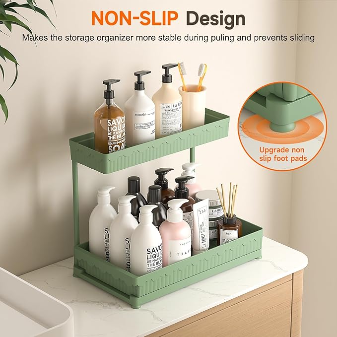Sevenblue 3 Pack Multi-Purpose Under Sink Organizers and Storage, 2026 L-Shaped Pull Out Cabinet Organizer for Bathroom & Kitchen, Under Cabinet Organizer with Hooks Hanging Cup (Green, 12.85 inch) - Image 4