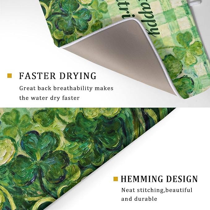 St Patrick's Day Shamrock Dish Drying Mat for Kitchen Counter 18x24 Green Lucky Clover Plaid Happy Holiday Absorbent Reversible Microfiber Drying Mats Kitchen Countertop Protector Dishes Drainer Pad - Image 3