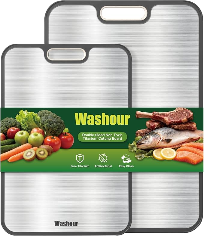 Titanium Cutting Boards for Kitchen, Non Toxic 2-in-1 Cutting Board Double Sided, Food Grade Chopping Boards for Fresh Meat Vegetable, Easy to Clean Large Size (18”×16” + 16”×11”) by Washour