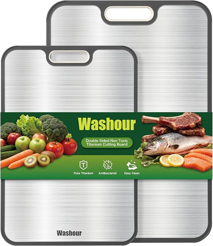 Titanium Cutting Boards for Kitchen, Non Toxic 2-in-1 Cutting Board Double Sided, Food Grade Chopping Boards for Fresh Meat Vegetable, Easy to Clean Large Size (18”×16” + 16”×11”) by Washour