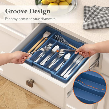 Lifewit Silverware Drawer Organizer, Expandable Utensil Tray for Kitchen, BPA Free Flatware and Cutlery Holder, Adjustable Plastic Storage for Spoons Forks Knives, 8.5"-14.1" x 12.1", Dark Blue - Image 7