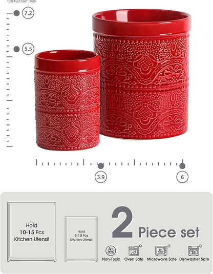 FUN ELEMENTS Kitchen Utensil Holder, 7.2+5.5" Super Large Utensil Crock Heavy and Stable Lace Emboss Ceramic Utensil Holder for Kitchen Counter (2Pcs Christmas Red) - Image 4