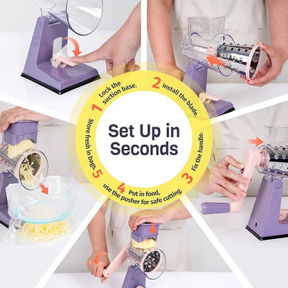 Upgraded Rotary Cheese Grater with 3 Interchangeable Stainless Steel Drums, One-Press Powerful Suction Manual Vegetable Shredder&Slicer for Kitchen, 15pcs Storage Bags Included, Pinkish Purple
