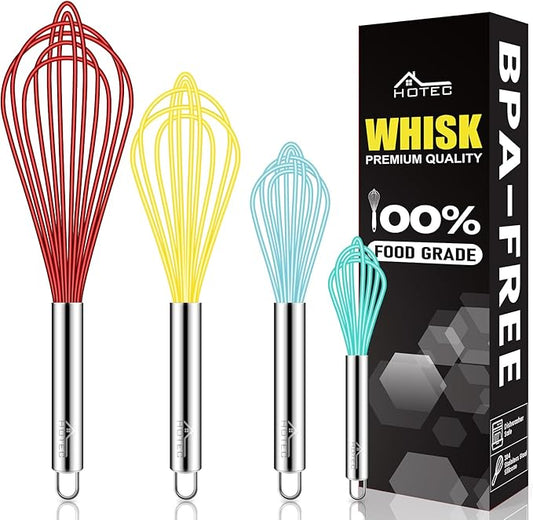 HOTEC 4 Pieces Silicone Whisks Set, Wire Balloon Whisks for cooking Egg Beater, Non-slip Handle Whisk for Non-stick Cookware Perfect for Cooking, Stirring, Beating and Blending (Multicolor) by Hotec