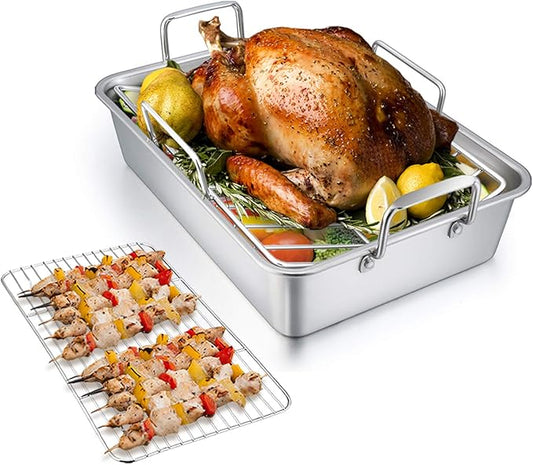 TeamFar Roasting Pan with Rack, 14 Inch Stainless Steel Turkey Roaster Lasagna Pan with V-Shaped Rack & Cooling Rack, Healthy & Sturdy, Brushed Surface & Dishwasher Safe, Rectangular - Set of 3