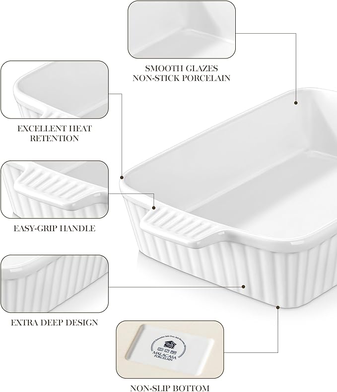 MALACASA 4.4 QT Baking Dish, 9x13 Large Casserole Dish for Oven, Ceramic Baking Pan, Rectangular Lasagna Pan Deep with Handles for Baking, Durable Microwave Oven Safe, Wedding Gift,White, Series BAKE-BAKE - Image 5