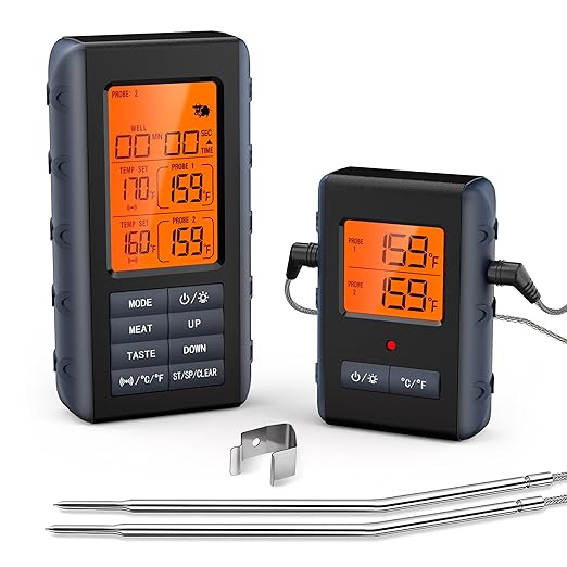 Remote Meat Thermometer Wireless, Vauno Wireless Meat Thermometer for Grilling and Smoking with Dual Meat Probe, Kitchen Timer, Digital Cooking Food Thermometer for Smoker BBQ Oven Outside Grill by VAUNO