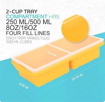 Silicone Freezer Tray With Lid-Soup Freezer Container molds-Large Ice Cube Tray Set Makes 1-Cup & 2-Cup portions cubes Perfect for preparing meals in different portion sizes Oven & Dishwasher -Safe