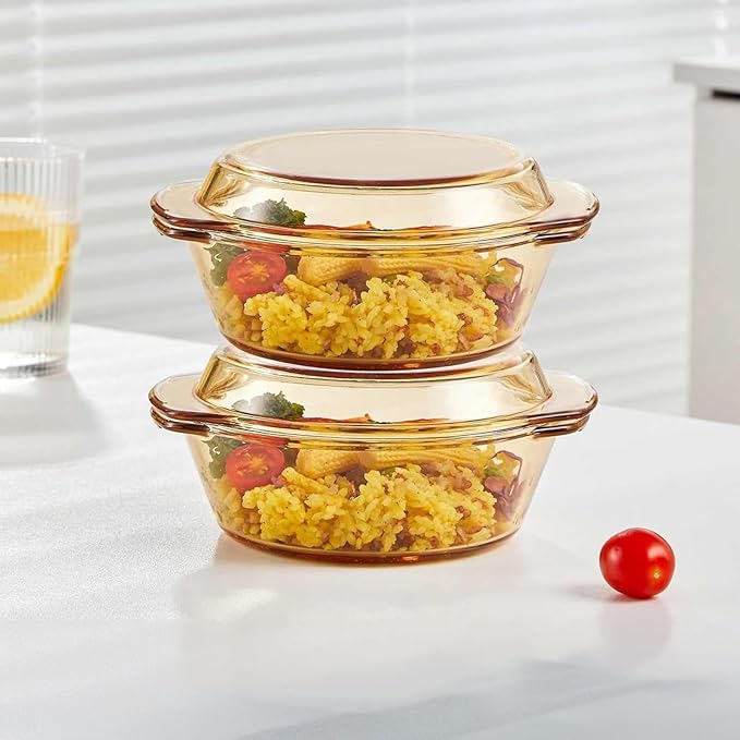 Amber Borosilicate Glass Casserole Dish with Lid - 1.5 Qt Round Baking Dish with Handles - Heat Resistant Cookware for Oven, Microwave, Dishwasher & Freezer