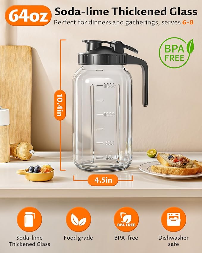 64 oz Mason Jar Pitcher – Airtight & Leakproof Glass Pitcher with Lid, Perfect for Iced Tae, Sun Tea, Cold Brew, Breastmilk, 2 Quart (1/2 Gallon) Mason Jar with Pour Spout Lid Flip-Cap & Handle - Image 2