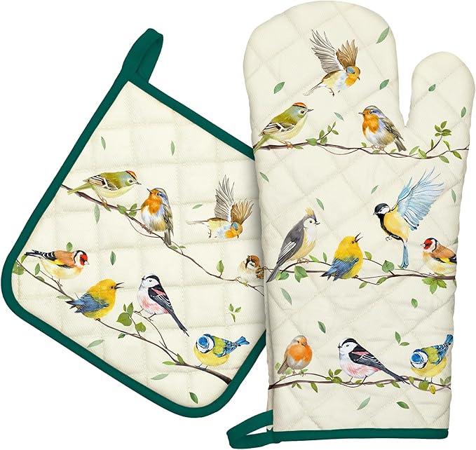 Bird Branch Oven Mitts and Pot Holders Sets 2Pcs, 100% Cotton Heat Resistant, Extra Long Oven Gloves Potholder for Kitchen Cooking Baking Decoration, Housewarming Gifts for Mom by Arquiel