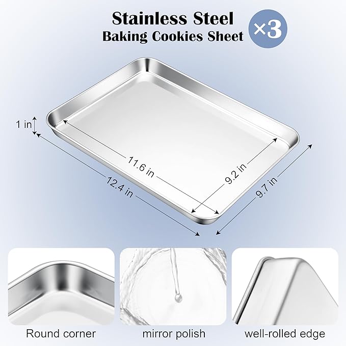 E-far Stainless Steel Baking Sheets Set of 3, 12.4” x9.7” Baking Cookie Sheets Pans for Oven, Non-toxic Metal Trays for Cake Cookies, Healthy & Rust Free, Mirror Finish & Dishwasher Safe - Image 2