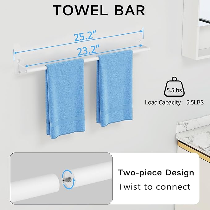 KLJKPA Bathroom Accessories Set, 4 Pieces White Bathroom Hardware Set, 24 inch Towel Bar, Towel Racks for Bathroom, Robe Towel Hooks, Toilet Paper Holder Wall Mounted - Image 2
