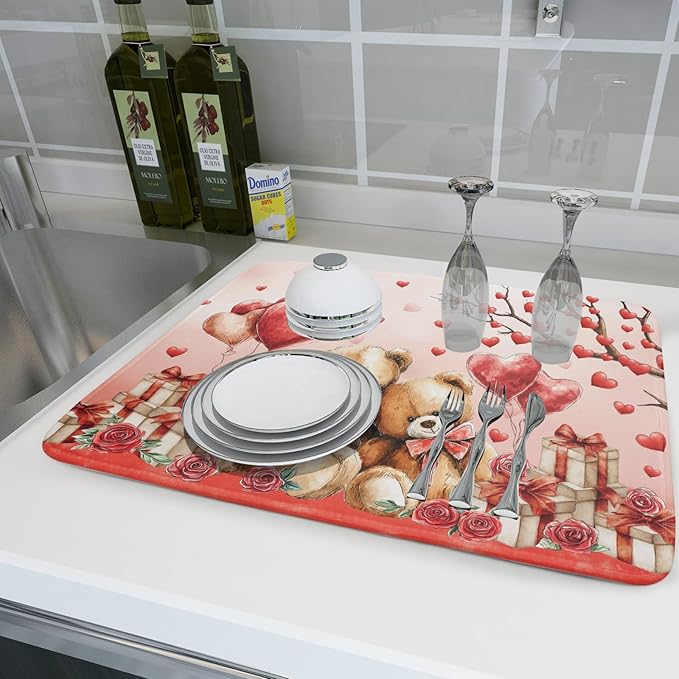 Holiday Microfiber Dish Drying Mat 18 X 24 in Valentines Day Bear Red Decorative Kitchen Countertop Mats - Image 6