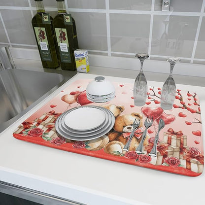Holiday Microfiber Dish Drying Mat 18 X 24 in Valentines Day Bear Red Decorative Kitchen Countertop Mats - Image 6