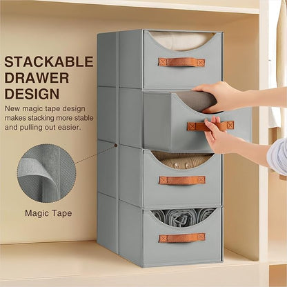 Homsorout Stackable Storage Drawers - Collapsible Storage Bins with Drawers, 8 Pack Closet Shelf Organizer Basket, Fabric Pull Out Organizer for Bedroom, Living Room, Dorm, Grey
