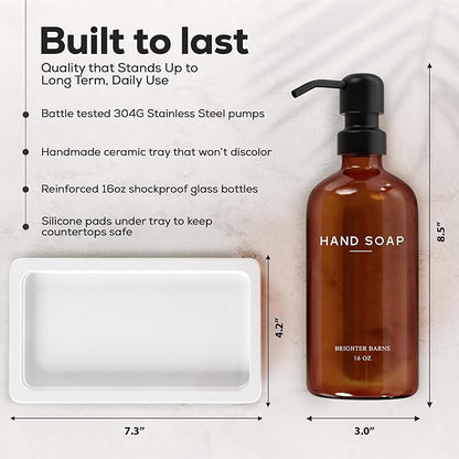Amber Glass Soap and Lotion Dispenser Set with Tray by Brighter Barns - Hand Soap Dispenser Bathroom Set & Stainless Steel Pump for Home, Restaurant, Spa - Neutral Bathroom Decor & Accessories (Amber) - Image 3