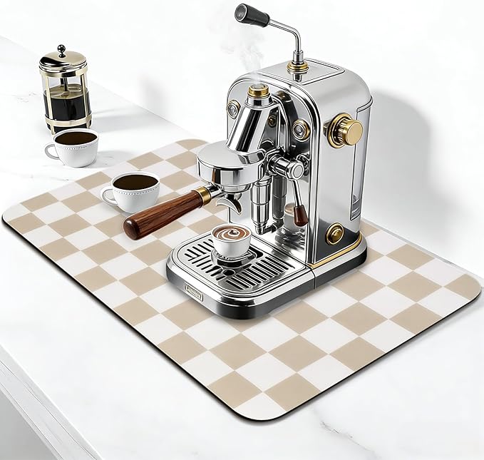 CooRug Checkered Dish Drying Mat for Kitchen Counter, Absorbent Non-Slip Coffee Mat, Heat Resistant Mat for Countertops Coffee Bar Decor 16" x 24" Khaki - Image 3